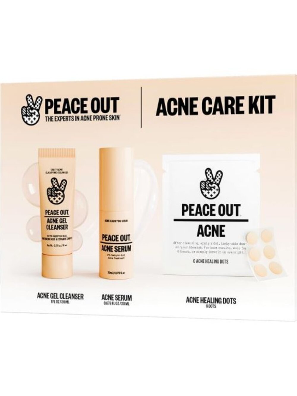 Peace Out Acne Skincare Kit - Gel Cleanser, 2% Salicylic Acid Serum, Dot Patches